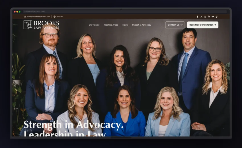 Brooks Injury Law legal services website preview shown on a MacBook.